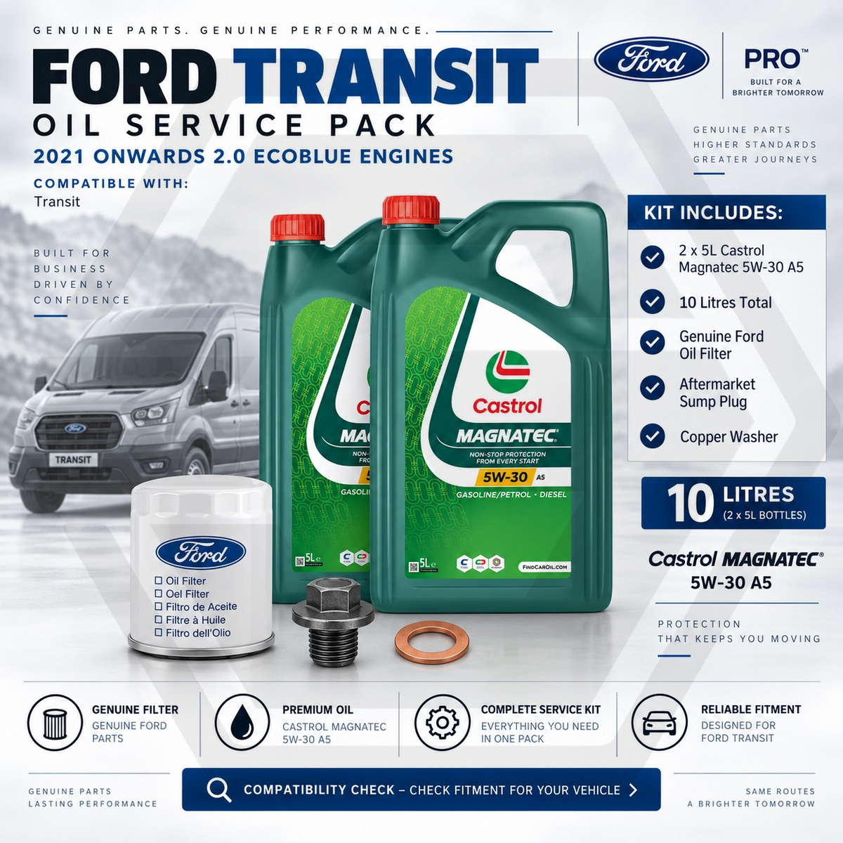 GENUINE FORD TRANSIT 2.0 ECOBLUE 2021 Onward - Oil Service Kit + Castrol 5W30 A5