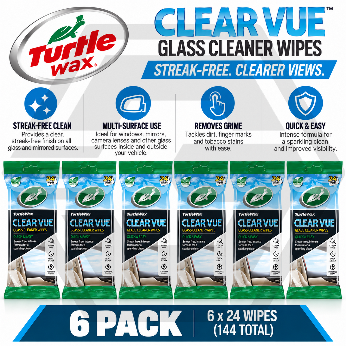 6 x Turtle Wax ClearVue Glass Cleaner Wipes Quick & Easy Streak Free Glass Wipes