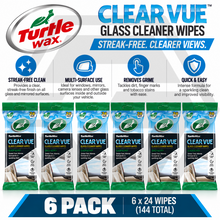 6 x Turtle Wax ClearVue Glass Cleaner Wipes Quick & Easy Streak Free Glass Wipes