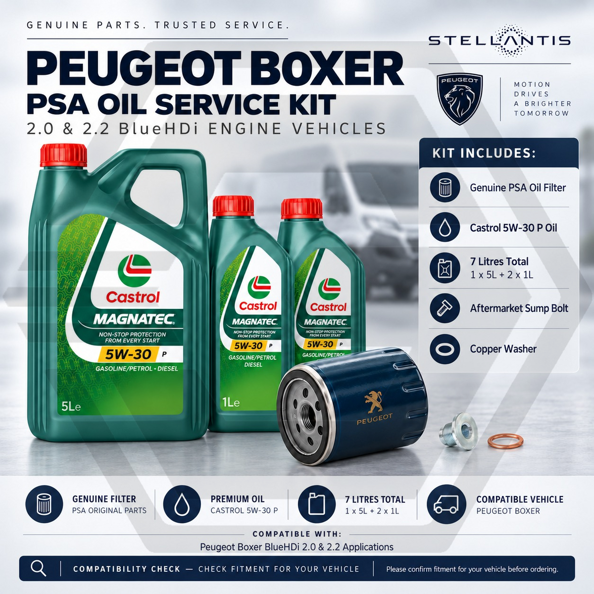 GENUINE PEUGEOT BOXER 2.0/2.2 BLUEHDI - Oil Service Kit + 7L Castrol 5W30 STL
