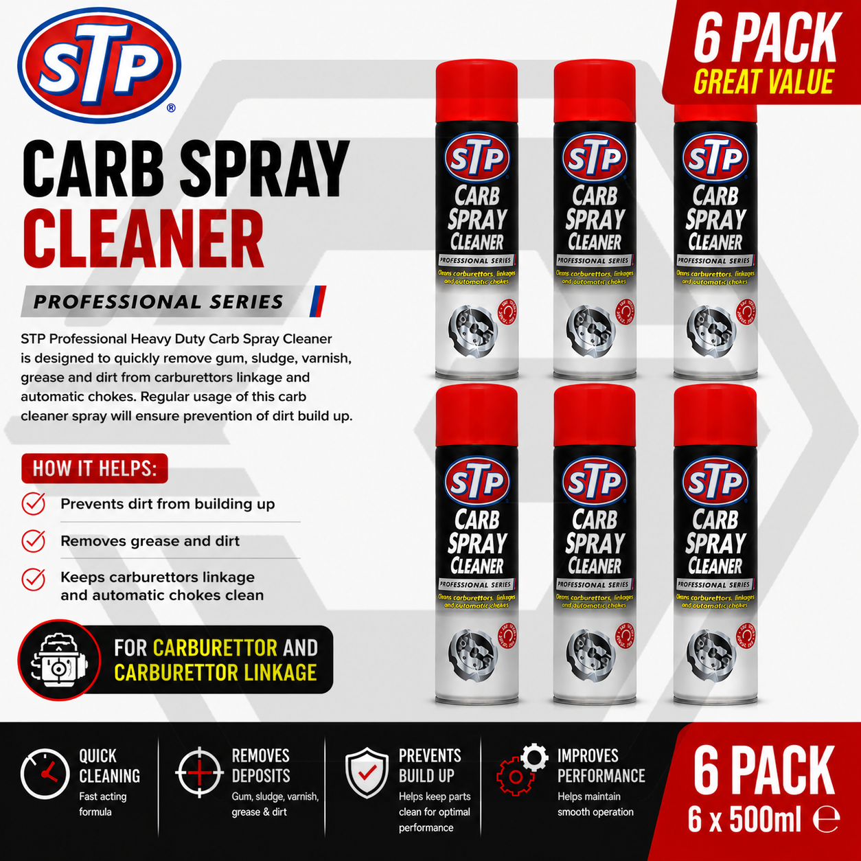 6 x STP Carb Cleaner Spray Carburettor Intake Spray Cleaner Professional 500ML
