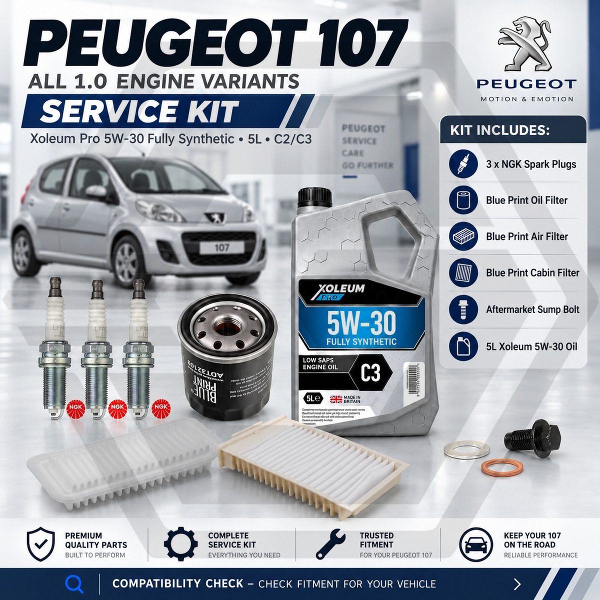 Full Service Kit (PEUGEOT 107) OIL, AIR CABIN FILTERS and OIL + PLUGS 2005-2014