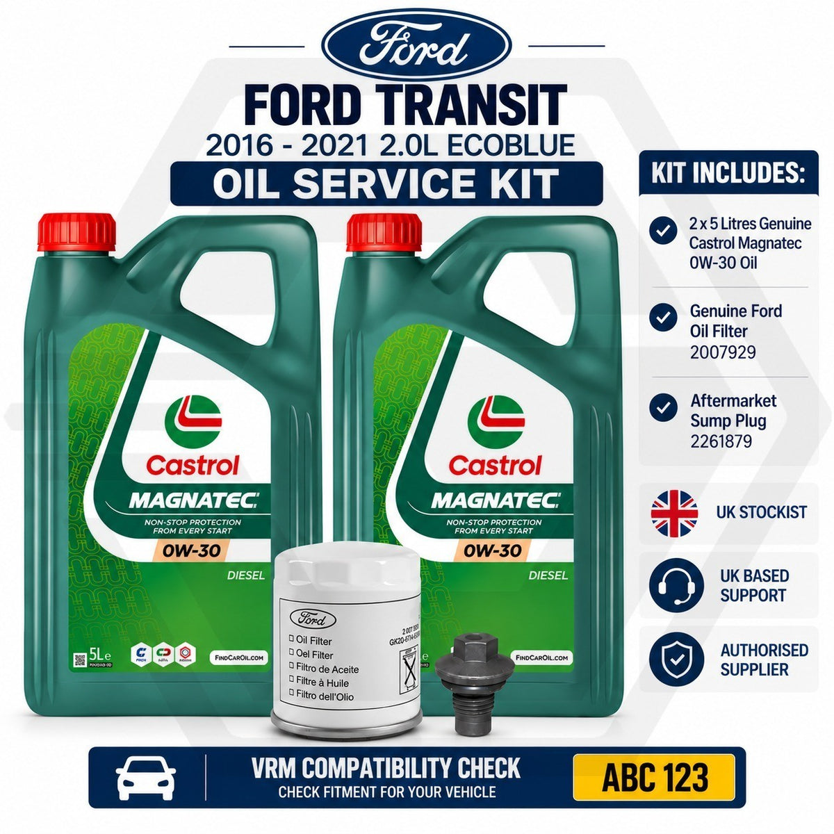 GENUINE FORD TRANSIT 2016-2021 2.0L ECOBLUE - Oil Service Kit + Castrol 0W30