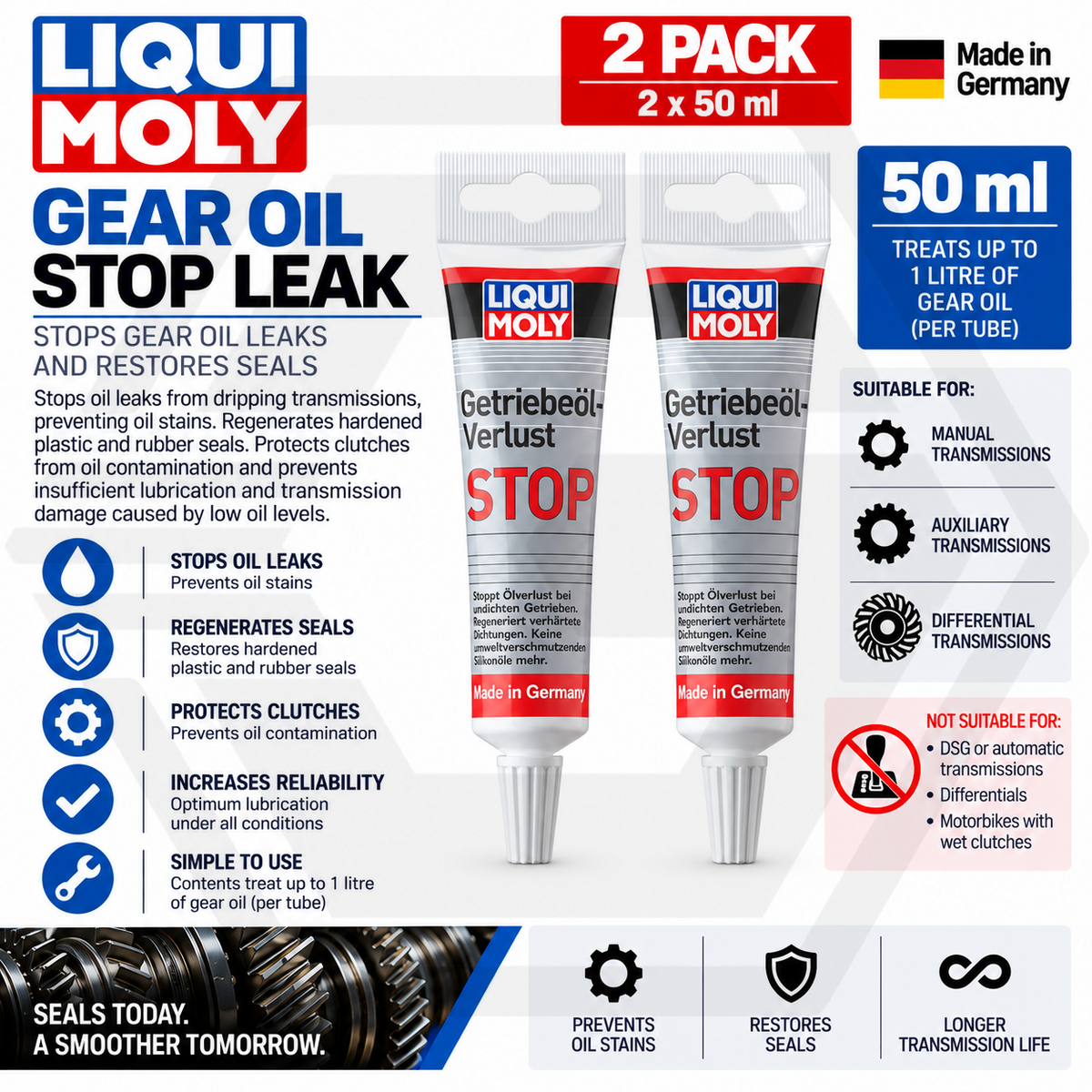 2 x Liqui Moly Gear-Oil Leak Stop 50ml - Seals Transmission Oil Leaks - 1042