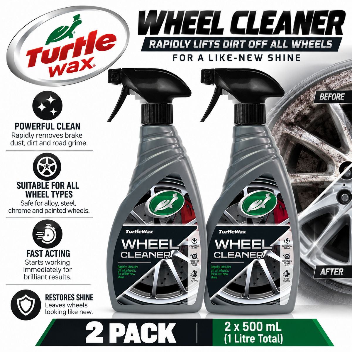 2 x Turtle Wax Wheel Cleaner Restores Instant Alloy Shine Clear Brake Dust 500ml