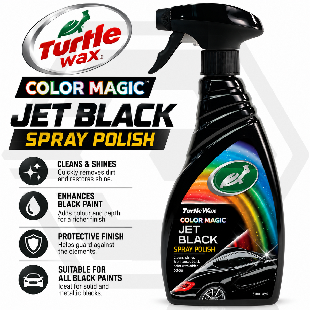 Turtle Wax Color Magic Jet Black Spray Polish Cleans Shine Colour Restorer 500ml