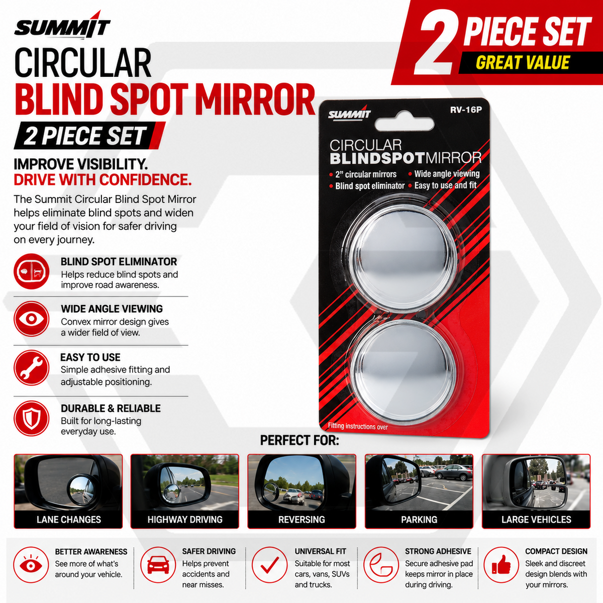 2 PACK Blind Spot Mirror Round Adhesive 2"Inch Easy Fit Wide Angle Summit RV16P