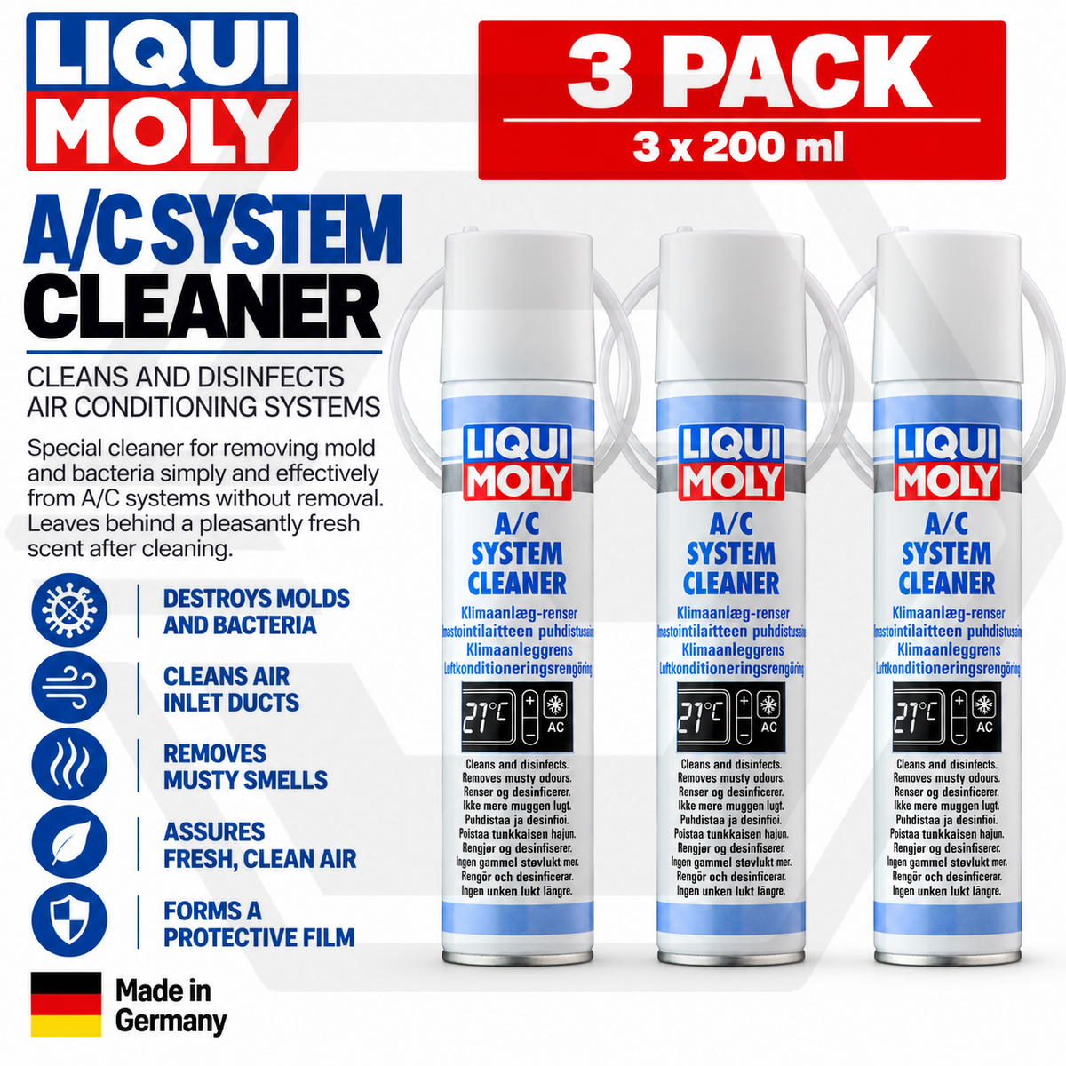 3 x Liqui-Moly A/C System Cleaner Spray 250ml Remove Bacteria & Mold With Straw