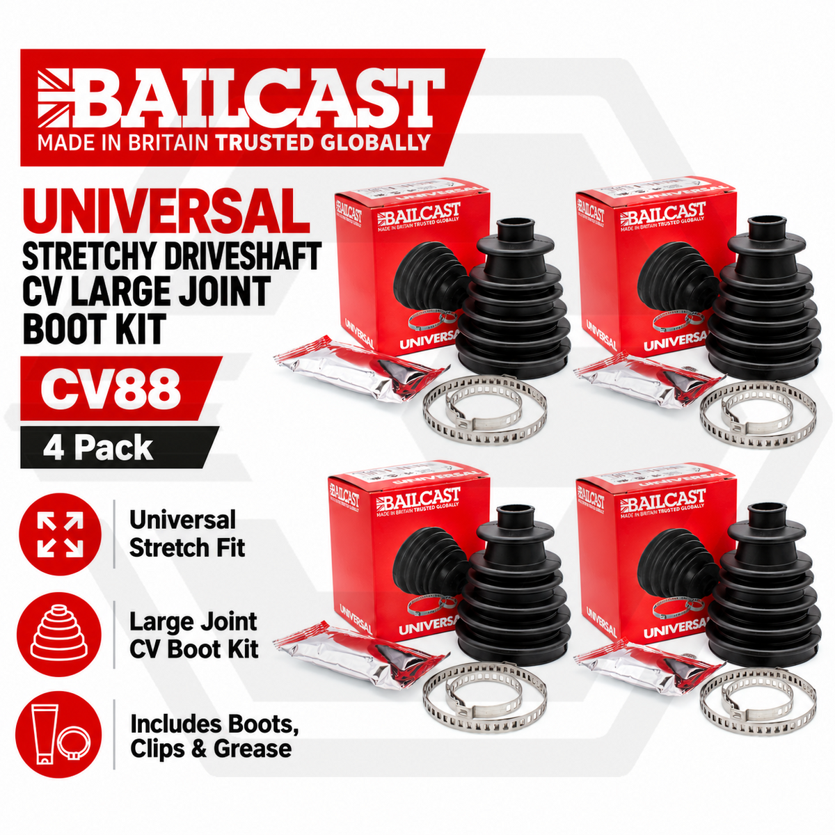 4 x Universal Stretchy Driveshaft CV LARGE Joint Boot Kit Cone - Bailcast CV88