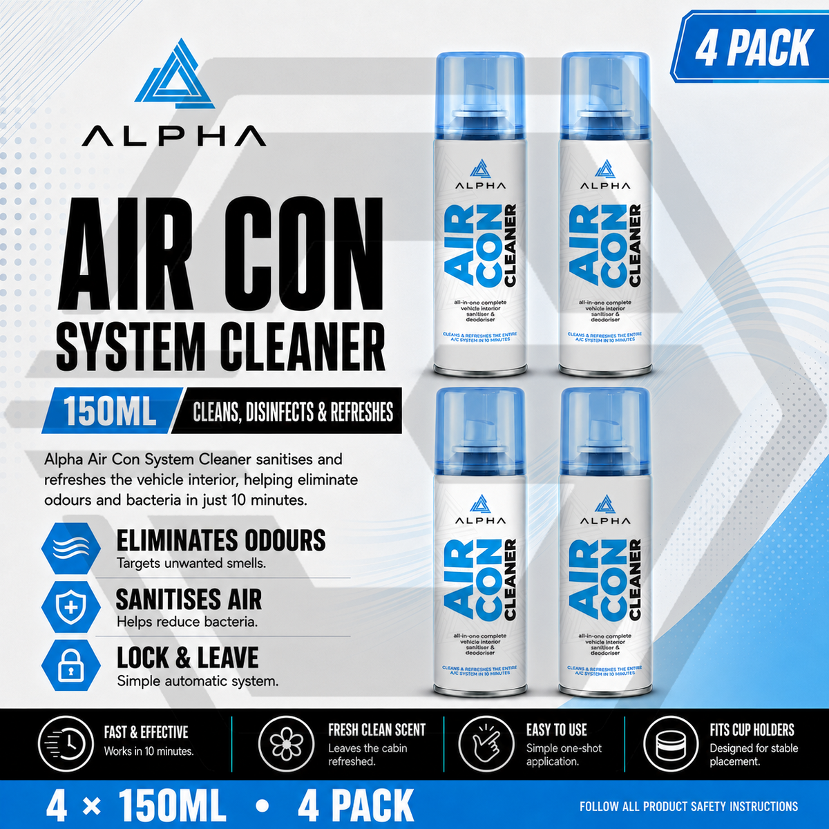 4 x ALPHA Air Con Cleaner 150ml - Car Sanitiser & Deodoriser - FRESH SCENT