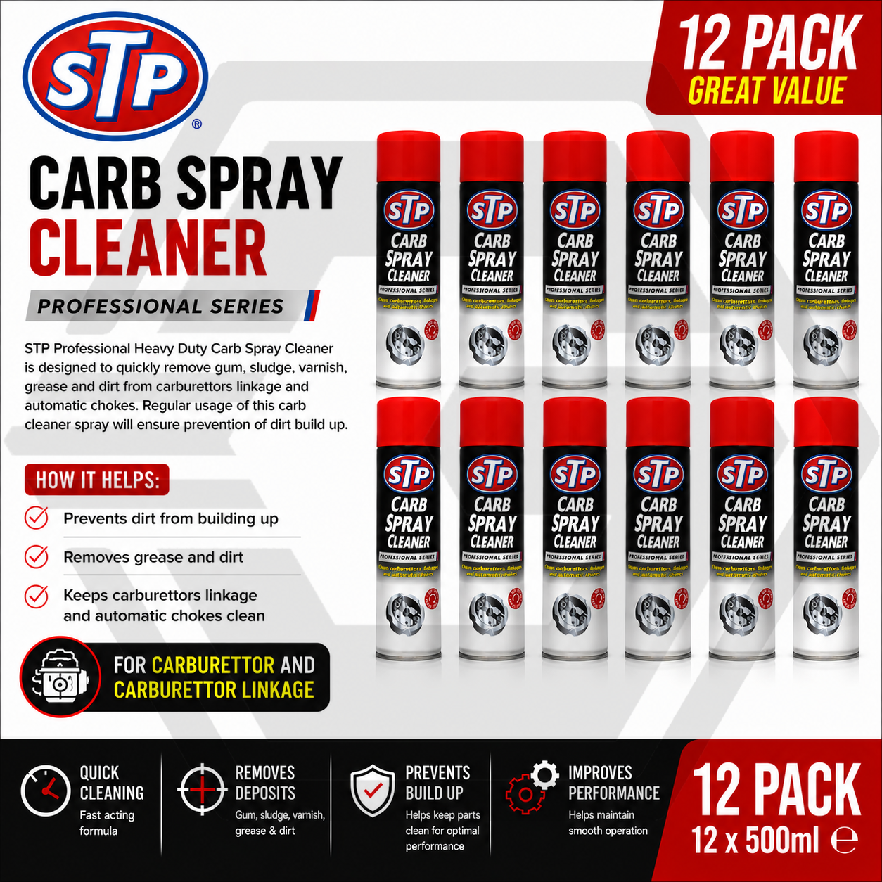 12 x STP Carb Cleaner Spray Carburettor Intake Spray Cleaner Professional 500ML