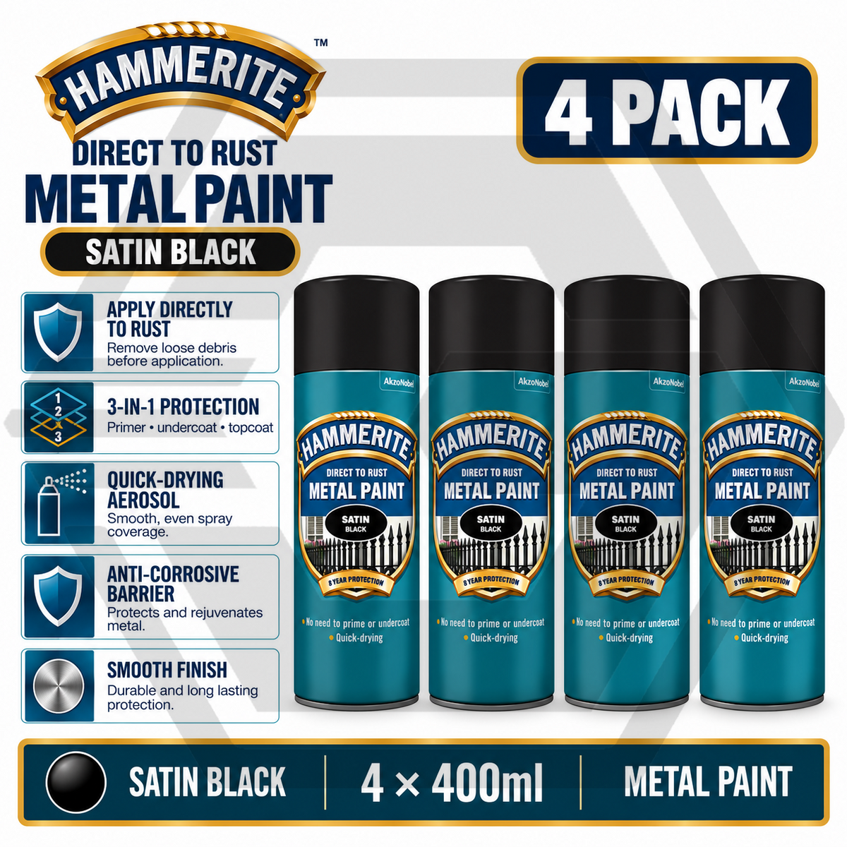 4 X HAMMERITE SATIN BLACK Aerosol - Direct to Rust - Metal Spray Paint 400ml