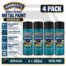 4 X HAMMERITE SATIN BLACK Aerosol - Direct to Rust - Metal Spray Paint 400ml