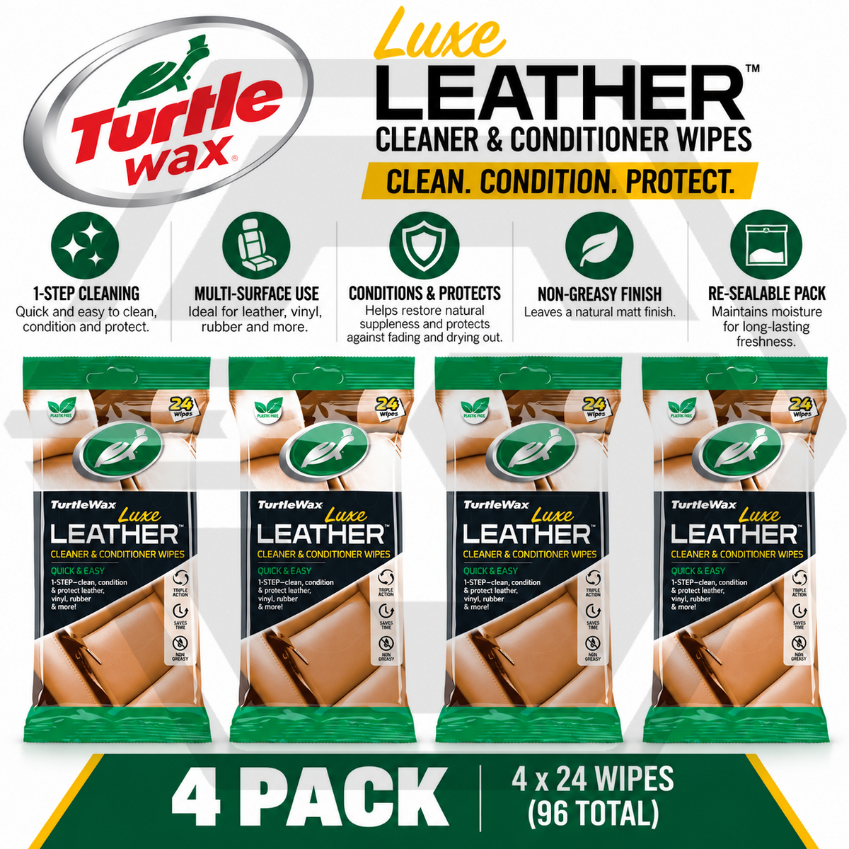 4 X Turtle Wax Luxe Leather Wipes Car Interior Leather Cleaner Quick & Easy