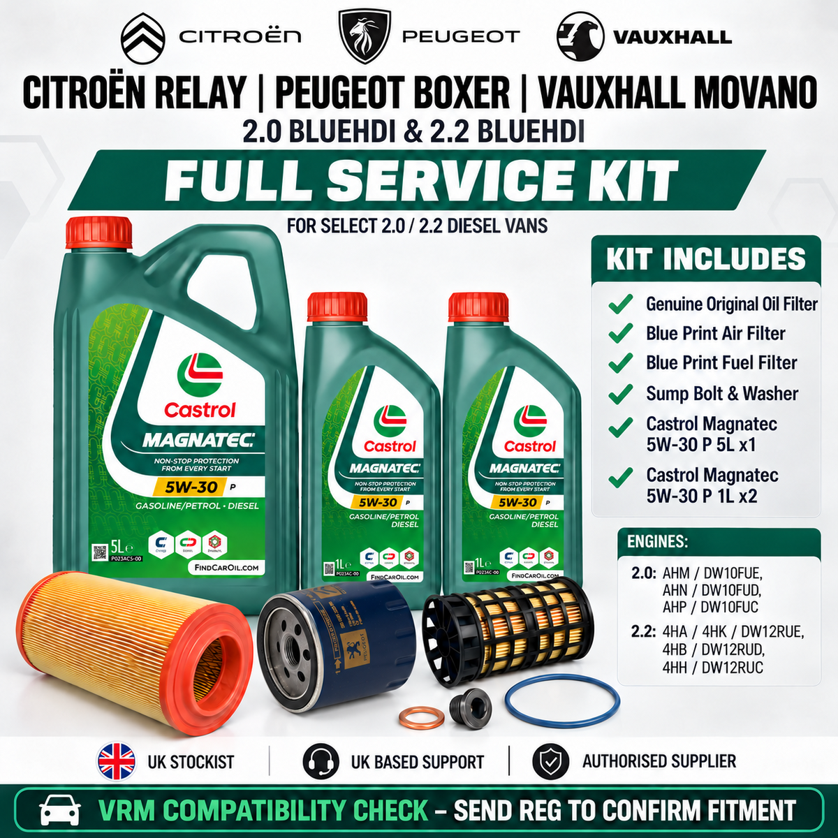 PEUGEOT BOXER CITROEN RELAY GENUINE OF 2.0 / 2.2 SERVICE KIT CASTROL 7L 5W30 P
