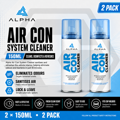 2 x ALPHA Air Con Cleaner 150ml - Car Sanitiser & Deodoriser -  FRESH SCENT