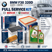 BMW 3 SERIES 320d SPORT F30 2011-2016 FULL BOSCH SERVICE FILTER KIT + CASTROL 6L