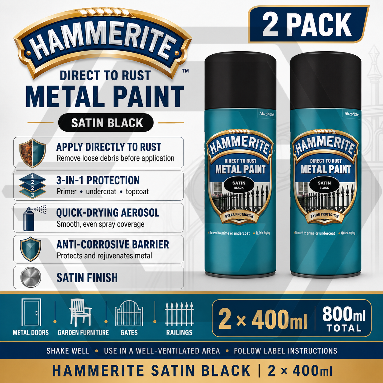 2 X HAMMERITE SATIN BLACK Aerosol - Direct to Rust - Metal Spray Paint 400ml