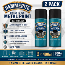 2 X HAMMERITE SATIN BLACK Aerosol - Direct to Rust - Metal Spray Paint 400ml