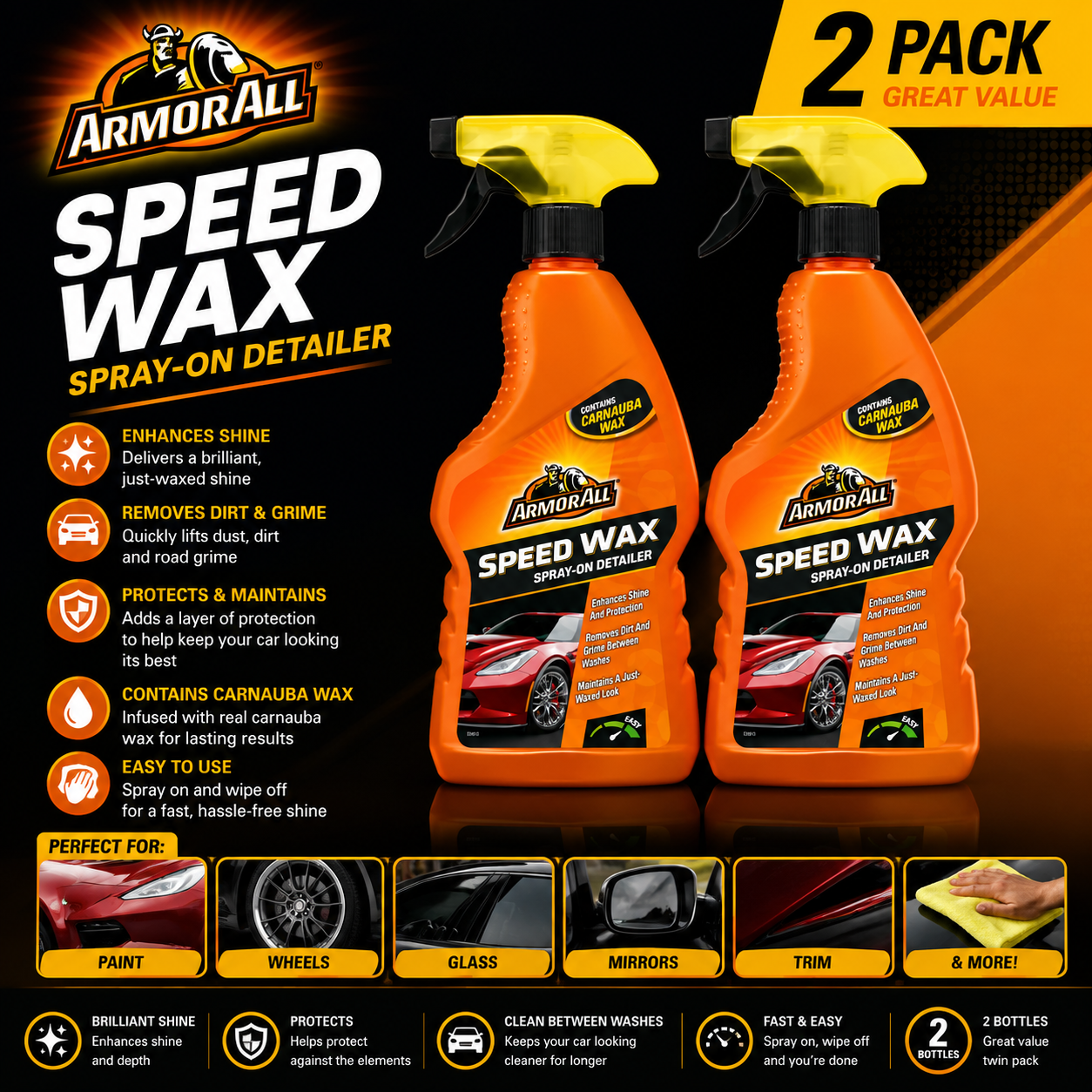 2 x ArmorAll Speed Wax 500ml With Spray Nozzle - Carnauba Wax Incredible Shine