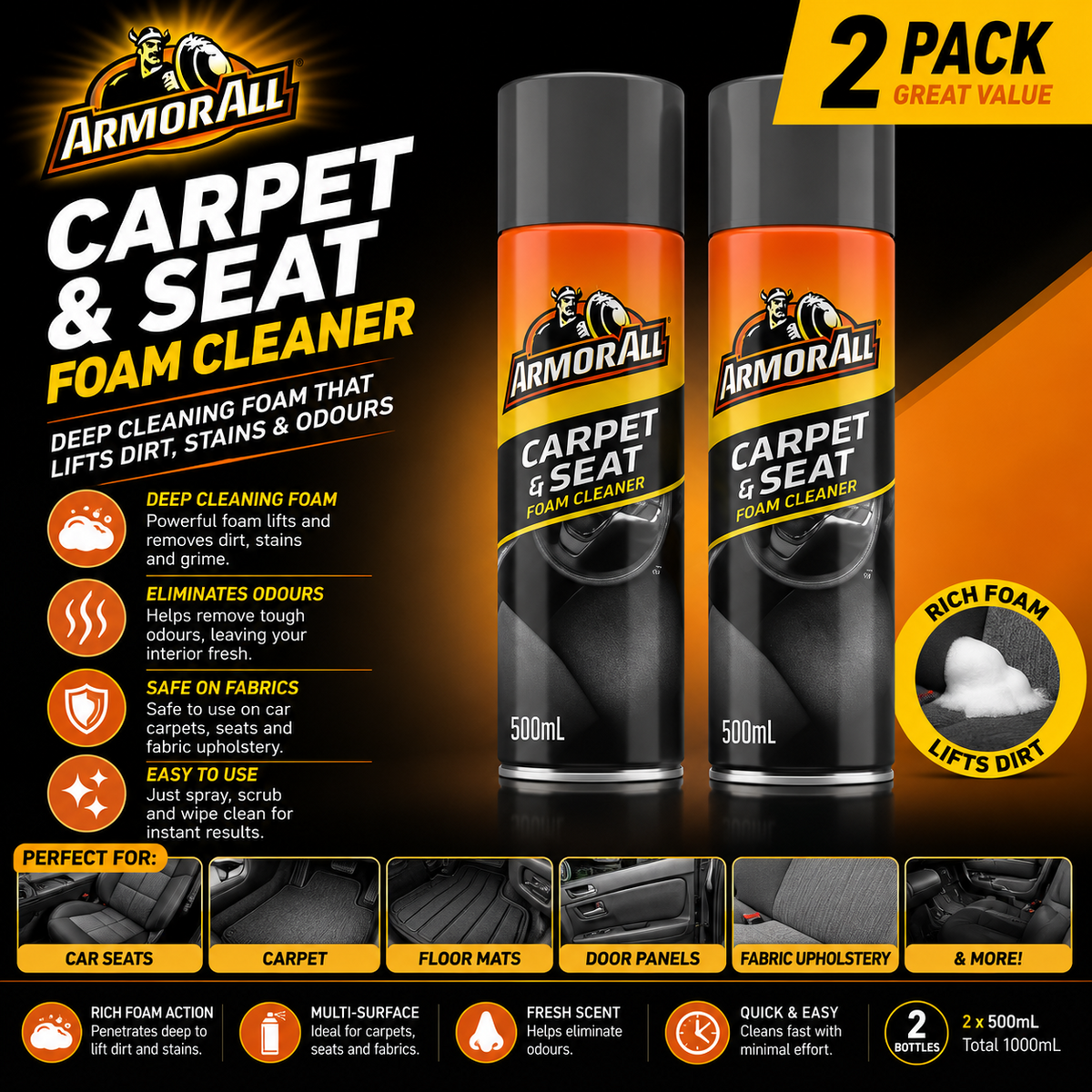 2 x ArmorAll Carpet & Seat Foam Cleaner Spray - Safe for All Auto Fabrics