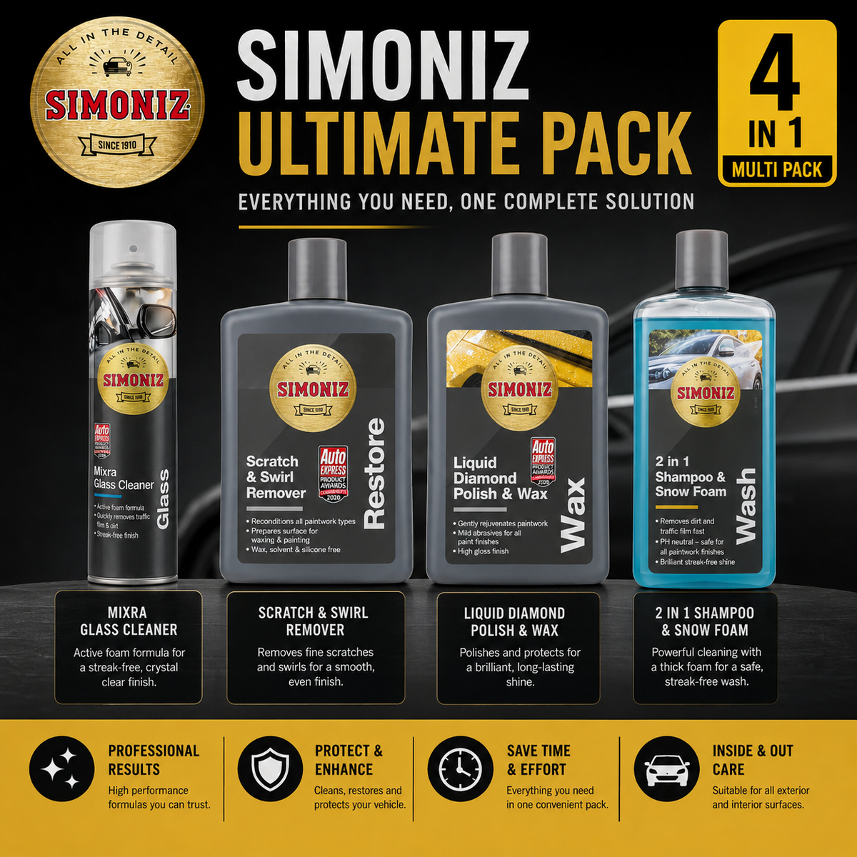 SIMONIZ DETAILING 4 PACK - Shampoo Snow Foam, Scratch Swirl Remover, Glass Clean