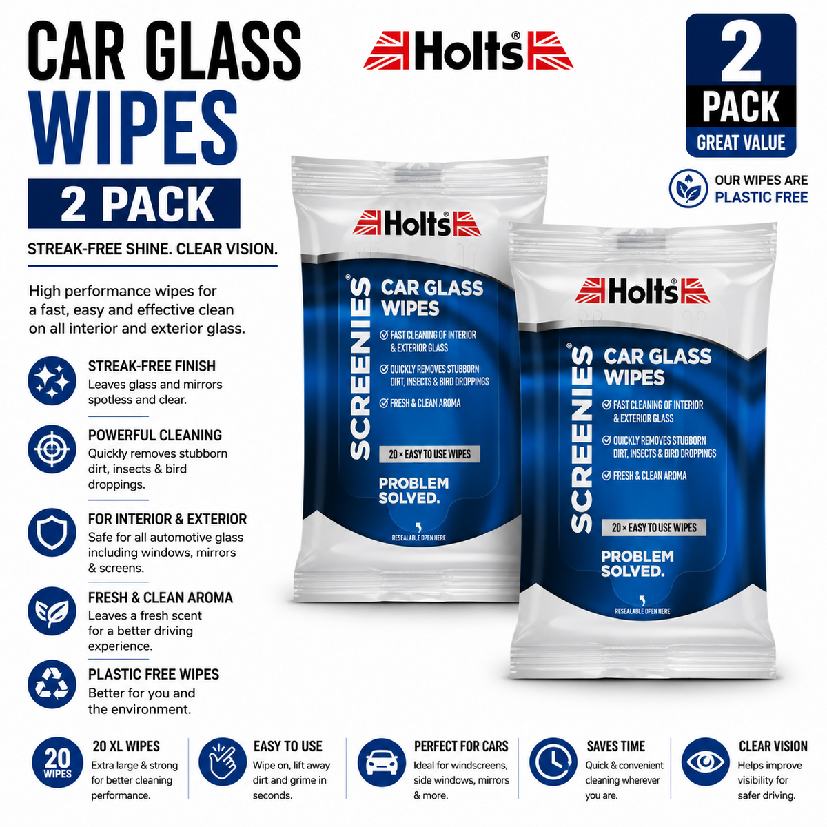 2x Holts Screenies Car Glass Wipes Easy Cleaning Interior Removes Stubborn Dirt