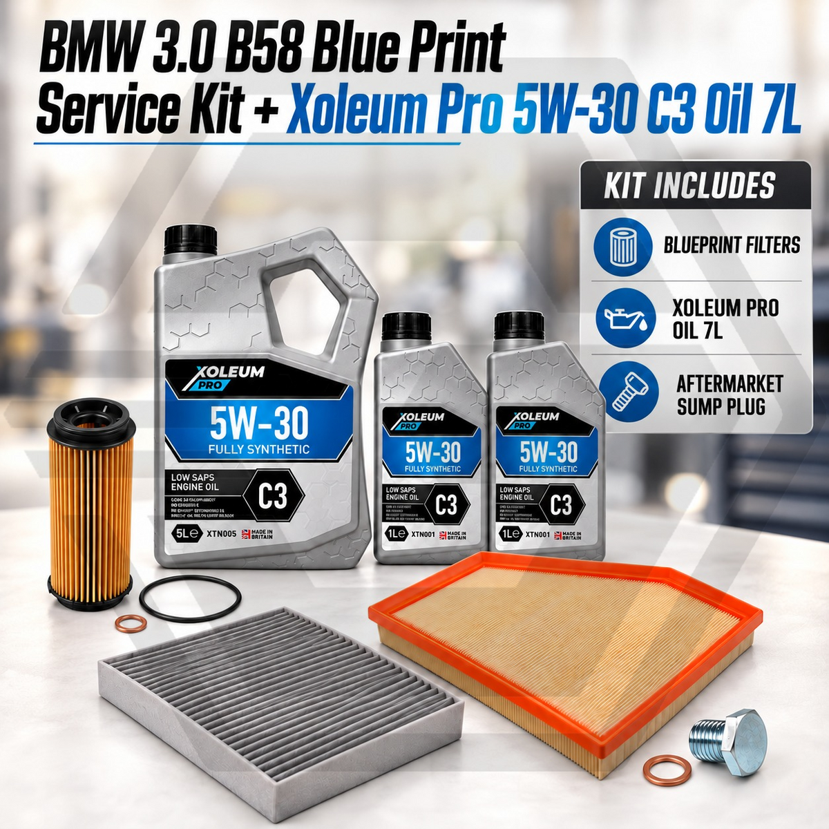 BMW 3.0 B58 Petrol Engines Blue Print Service Kit + Xoleum Pro 5W-30 C3 Oil 7L