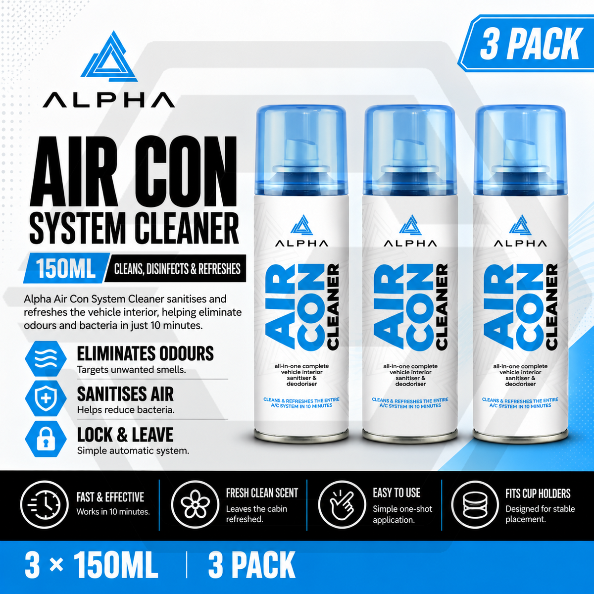 3 x ALPHA Air Con Cleaner 150ml - Car Sanitiser & Deodoriser -  FRESH SCENT