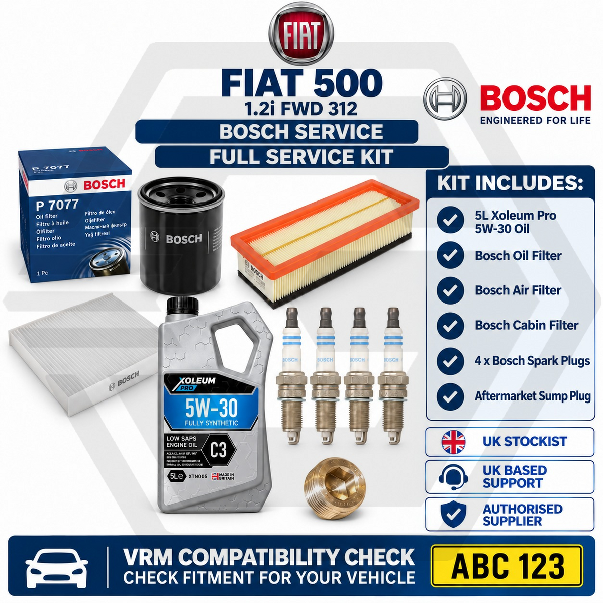 BOSCH FIAT 500 1.2I Full Service Kit With Engine Oil - OIL AIR POLLEN SPARK PLUG