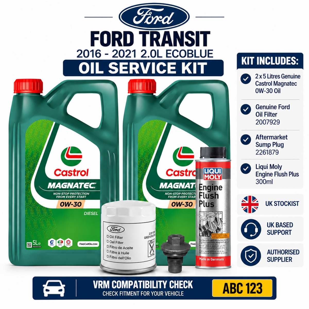 GENUINE FORD TRANSIT 2.0 ECOBLUE 2016-2021 Oil Service Kit, Castrol 0W30 + Flush