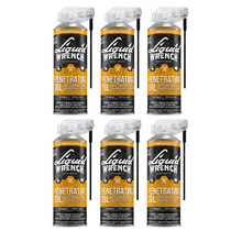 Six aerosol cans of Liquid Wrench Penetrating Oil arranged in two rows of three on a white background with a faint gray geometric watermark behind them.