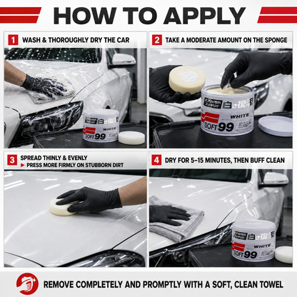 Cire blanche Soft99 300 g, brillant profond et protection de la peinture.