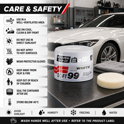 Cire blanche Soft99 300 g, brillant profond et protection de la peinture.