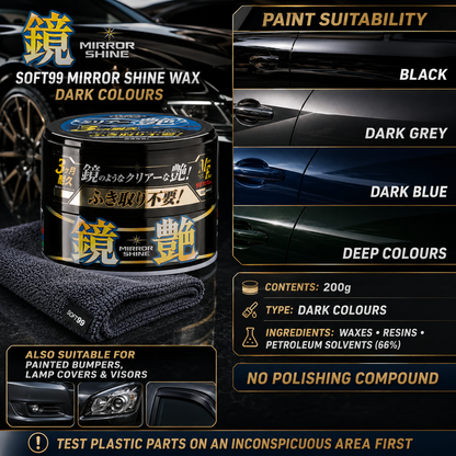 Soft99 Mirror Shine Wax Dark 200G - Facile à utiliser - Brillant et déperlant à l'eau