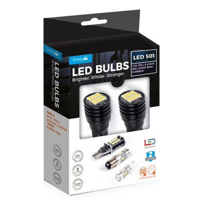 501 White CANBUS 6 LED Bulbs (Pack of 2) – Error Free Side & Interior Lights